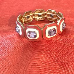 14K plated Coral & Ivory Enamel w Lavender Crystals stretch Bracelet