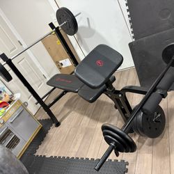 Weight Bench, Two Bars And 115lbs Of Weights 