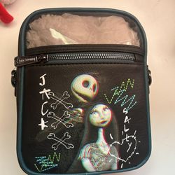 Disney Parks Black Teal Loungefly NBC Jack Skellington And Sally Crossbody Bag