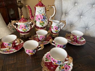 Porcelain Tea Set with Floral Design and Gold Accents