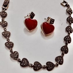 Vintage Jewelry. Sterling Heart Bracelet 7 inch and Heart Earrings. 