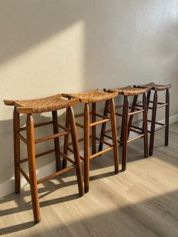 Set of 4 Vintage 29” Wood Bar Stools with Woven Seats