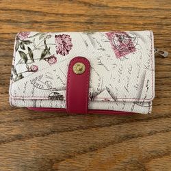 Trifold Large Size Leather Floral / Stamps Letter Design Wallet Slightly Over 6” Long In Nice Excellent Condition 