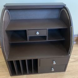 Cute wooden mailing/office station with 3 drawers, shelves & mailing slots. Scuff on inside as shown in photo. 14” Wide- 15” tall- 10” deep. 