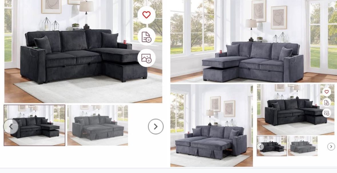 $369. 2-PCConvertible Sectional Sleeper Sofa W/ Cupholder Sofa Storage & USB Ports 89”x 59”X36”H