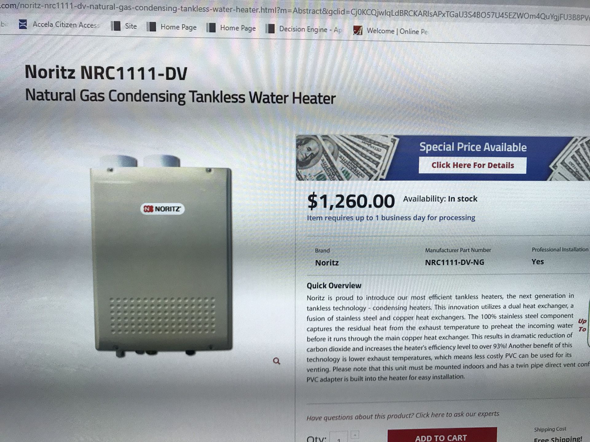 Tankless water heater NORITS NRC111-DC