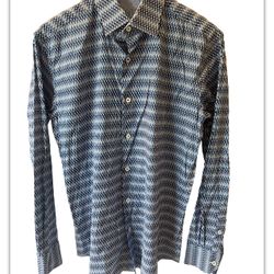 Bugatchi Uomo Men’s Shaped Fit Long Sleeve Button Down Dress Shirt Small S Blue Geometric Pattern