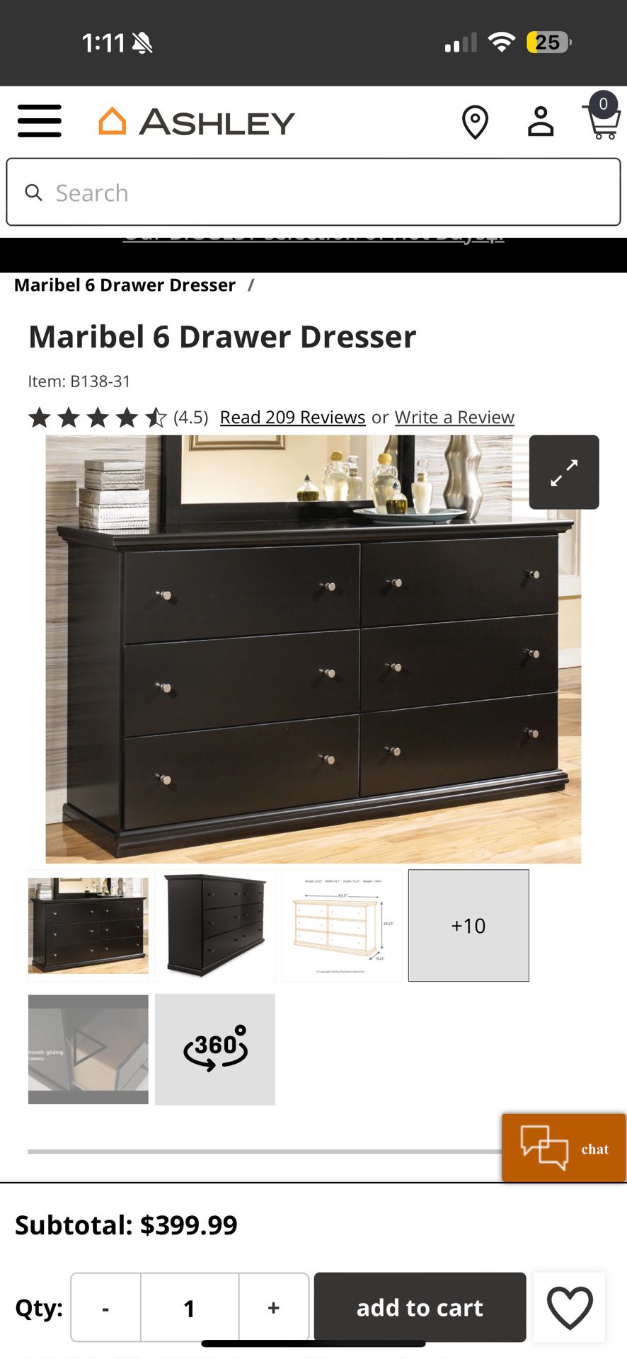 Ashley Furniture (B138-31)Black 6 Drawer Dresser