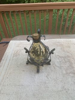 Vintage Wire Amber Glass Enclosed Decanter