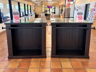 Title: 2 Wooden Clothing Display Racks with Glass Tops – $200  Price: $200 for both