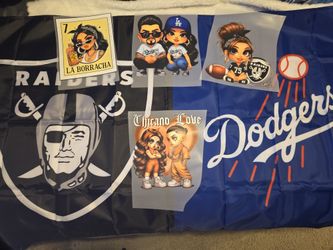 Dual Flag, Raiders/Dodgers Bundle! 3ft x 5ft Flag and 4 10inch Iron-On Transfers