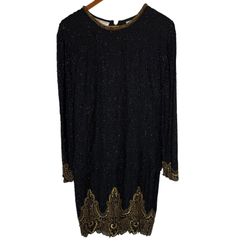 Women’s Vintage Silk Beaded Black Dress Sz Medium Night Vogue