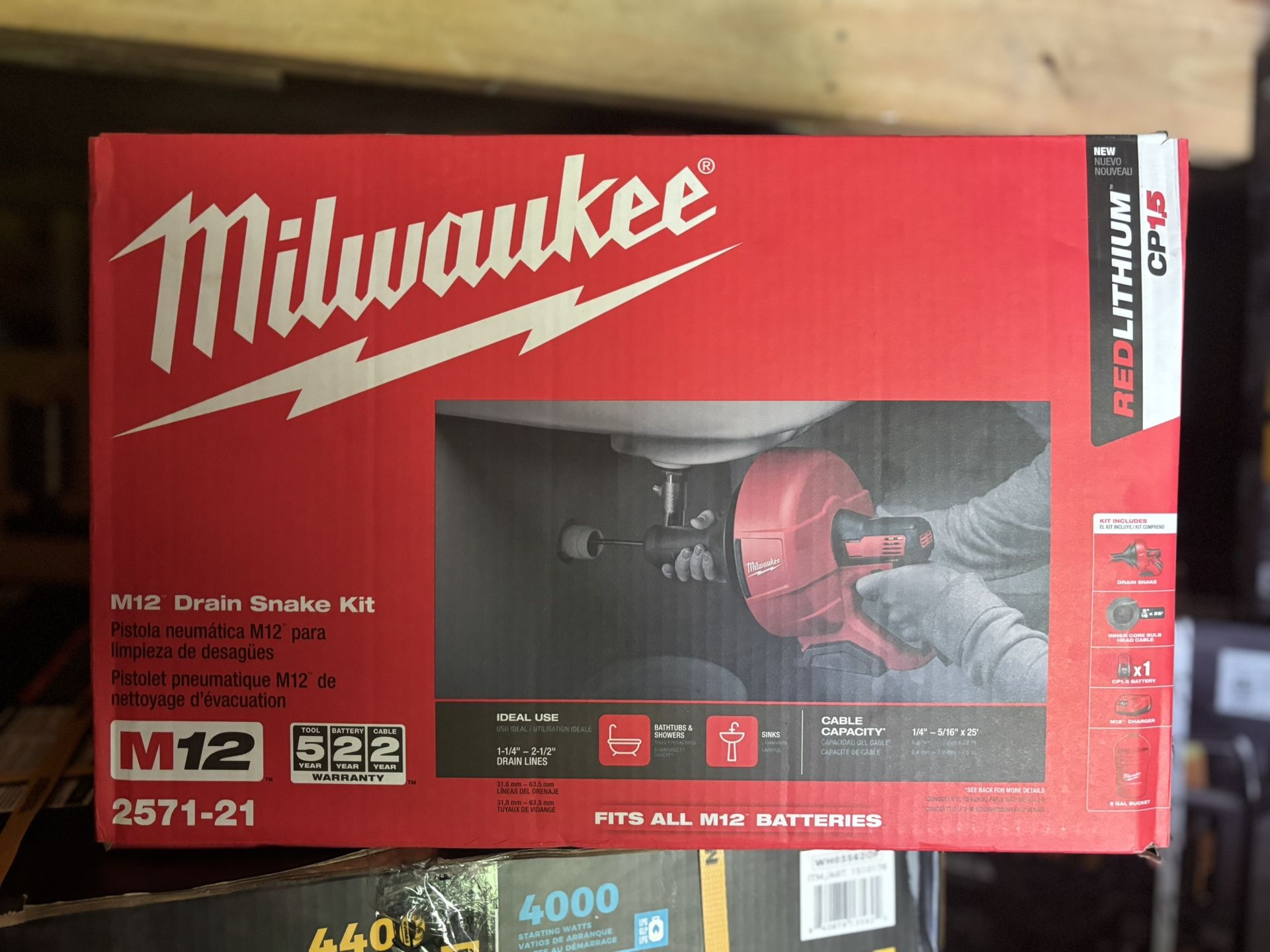 New Milwaukee M12 Electric Tool Drain Snake Kit, 1 " x 20.5 " x 1.75