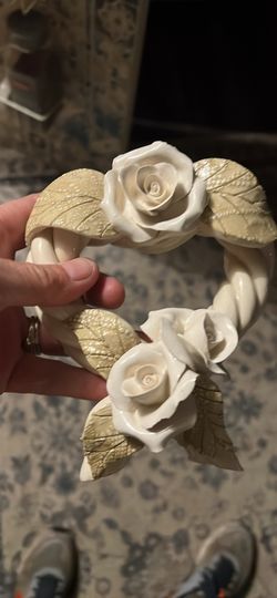 Vintage Porcelain  Heart shaped wreath with white roses and leaves.
