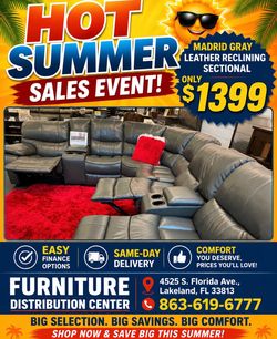 Limited time sale. Madrid gray leather reclining sectional only $1399. Easy finance option. Same-day delivery.