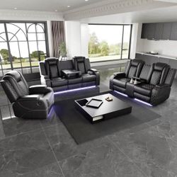 Black Leather Power Electric Recliner Sofa Set