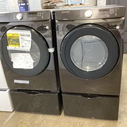 Samsung Front Load Washer and Electric Dryer Set with Pedestal Storage Drawers New Scratch and Dent
