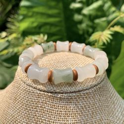 Handmade Genuine Jade Bamboo Shape Beaded Bracelet Healing Gemstone Crystal Beads Adjustable Bangle Cuff Jewelry Gift for Women Men (Bamboo Shape)
