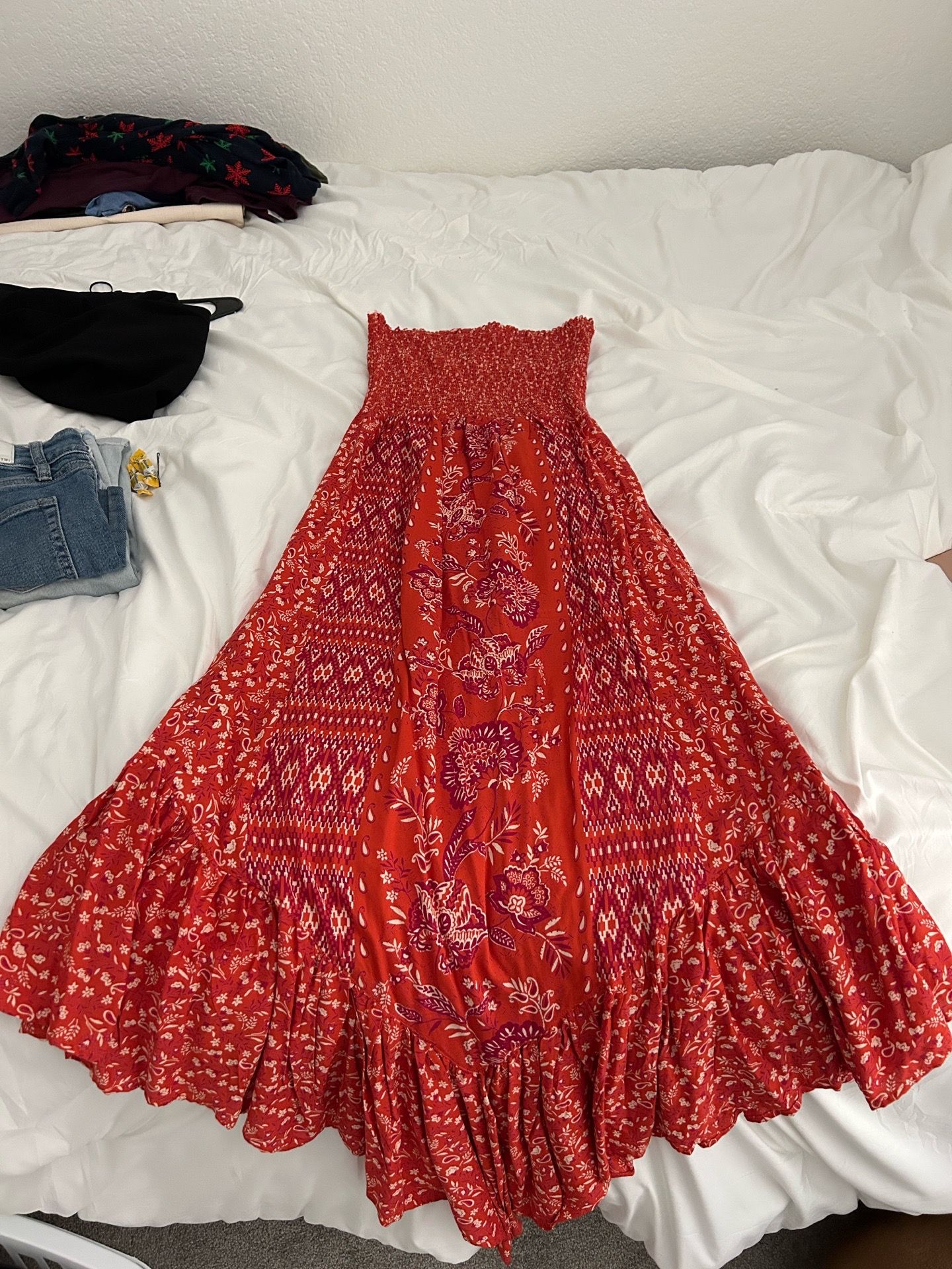 Creation’s Angie Red and Orange Floral Boho Maxi Smocked Dress Strapless