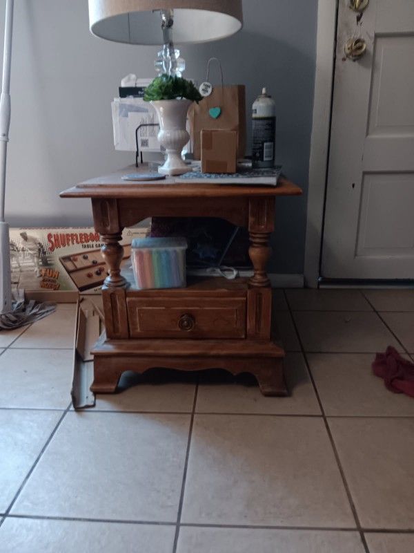 Antique Wood End Table With Drawer