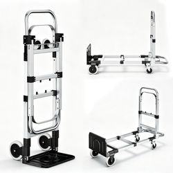 3 in 1 Folding Hand Truck, 600lbs Capacity, Heavy Duty Convertible Dolly with Retractable Handle and 4 Rubber Wheels, Collapsible Cart for Moving Home