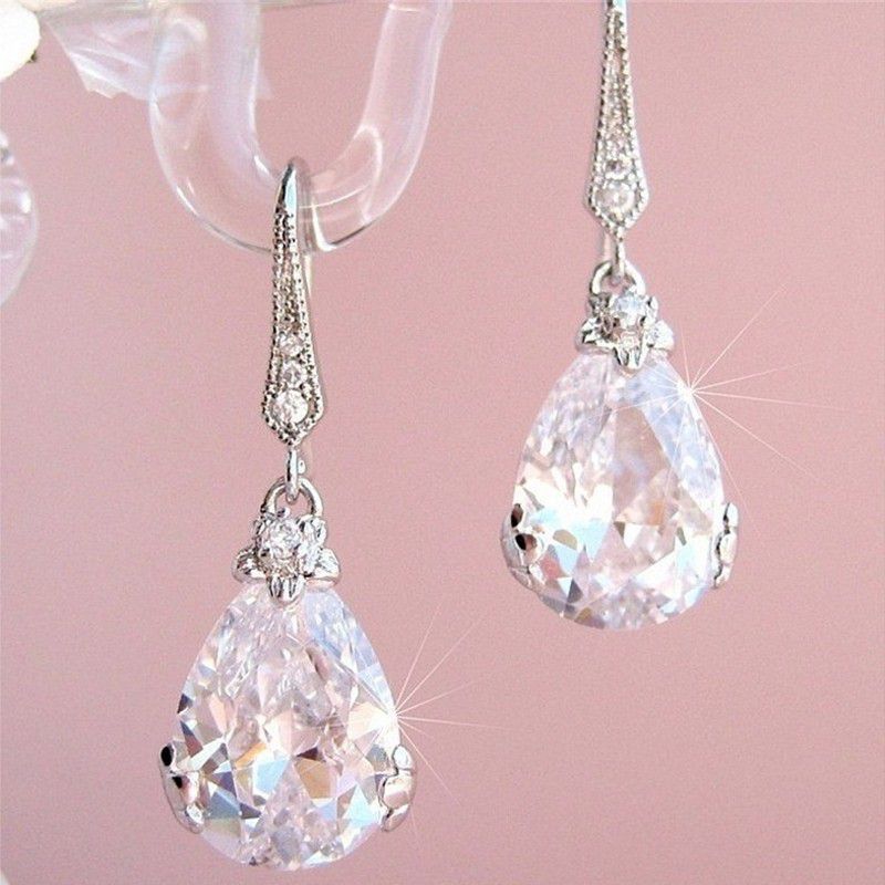 "Royal Style Drop Sparkling Pear Cut Diamond Imitate Engagement Earrings, UNI22393
 