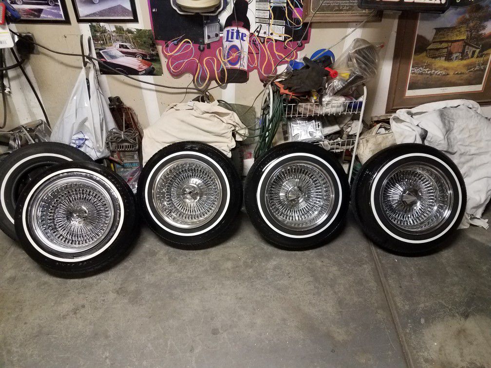 13x7 crown wire wheels 100 spoke wire rims lowrider white wall tires 5 lug universal adapters firm on price