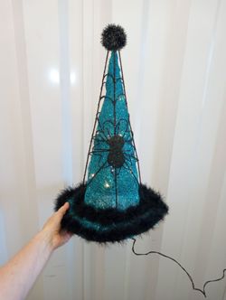 LIght Up Halloween Teal / Black Spider Web Glitter Witch Hat 19"