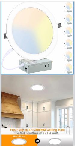 6 Pack 8 Inch LED Recessed Lighting with Junction Box Ultra-Thin, 3000K/4500K/6000K Selectable, 8" Dimmable Canless LED Downlight, 1800LM CRI80 High B