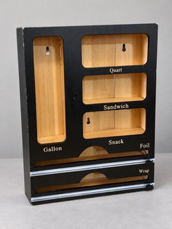 Bamboo & Black Wall-Mount Kitchen Bag Organizer – Foil & Wrap Dispenser