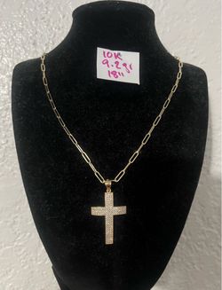 For Wedding  10K Solid Gold Paper Clip Chain and Pendant CUBIC ZIRCONIUM STONES 9.2Gr 18 Inches Long