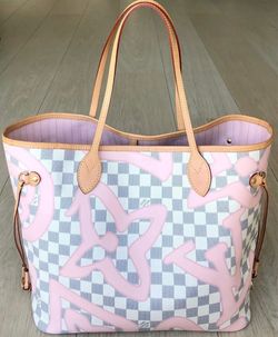 LV LIMITED EDITION Neverfull MM Damier Azur Tahitienne with Pink Rose