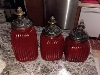 Vintage Set of 3 Ruby Red Ribbed Glass Canister's