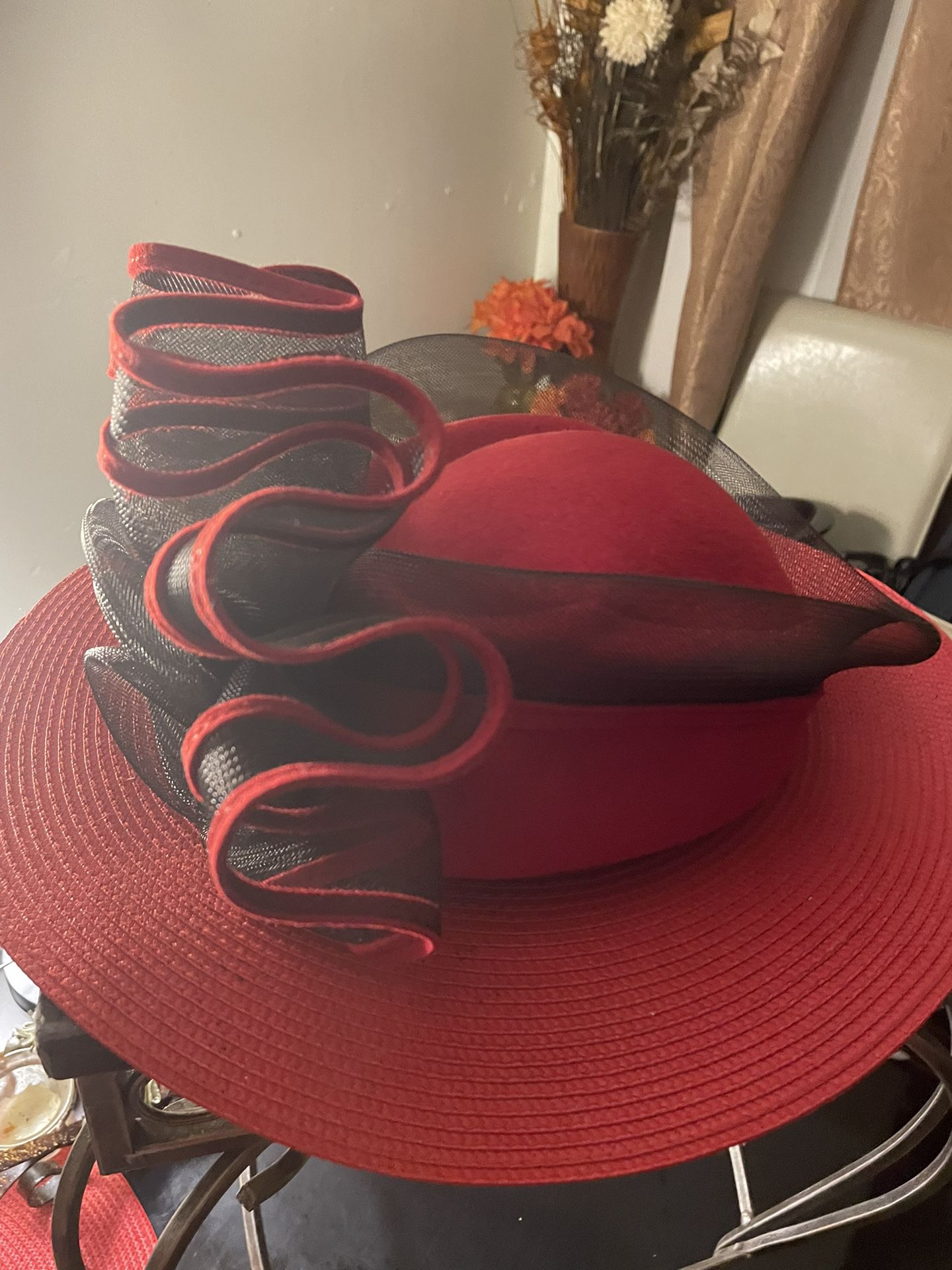 Red  & Black Hat With  Rhinestone In Back