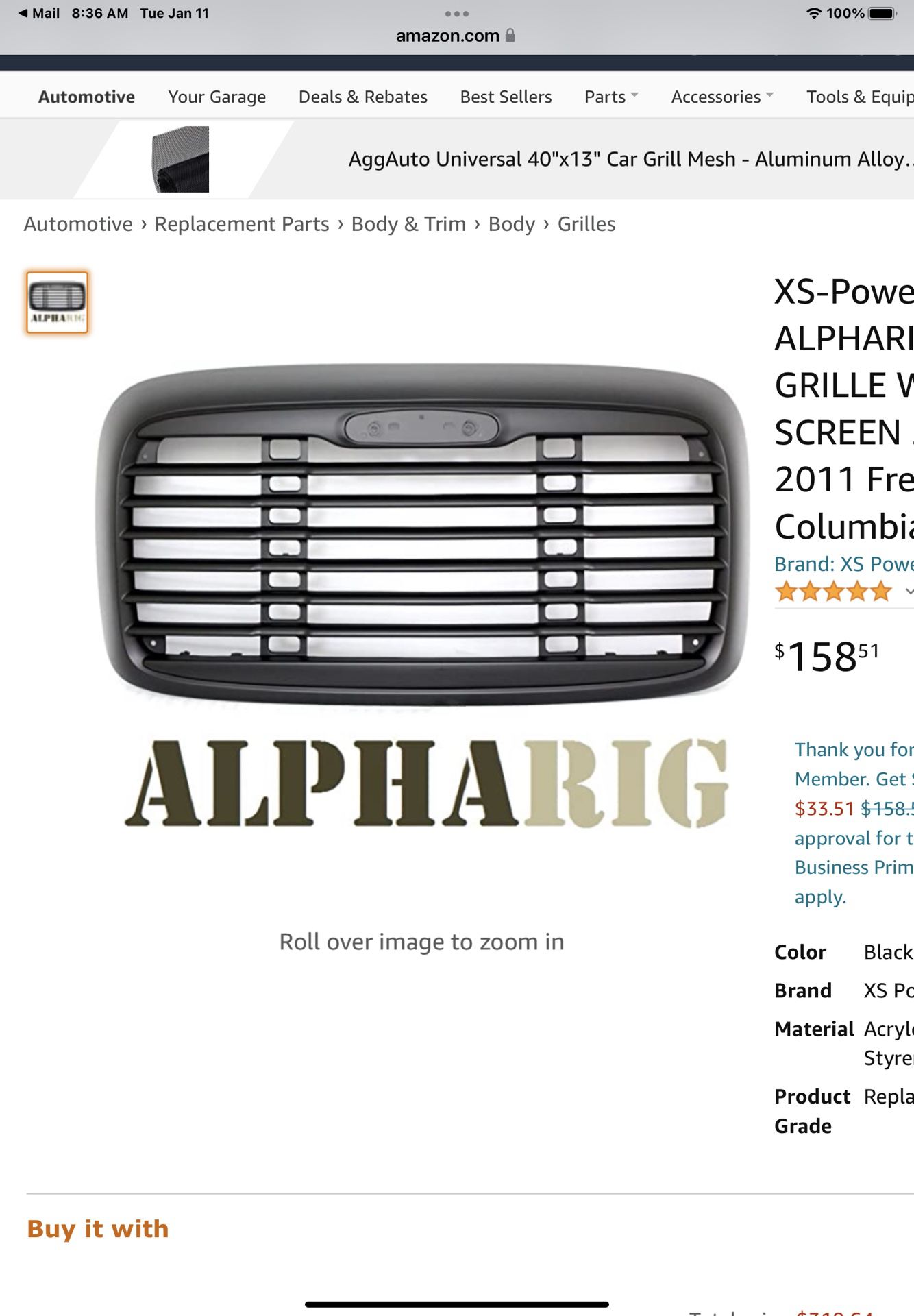 XS-Power ALPHARIG BLACK GRILLE BUG SCREEN 2000-2011 Freightliner Columbia Semi Grill