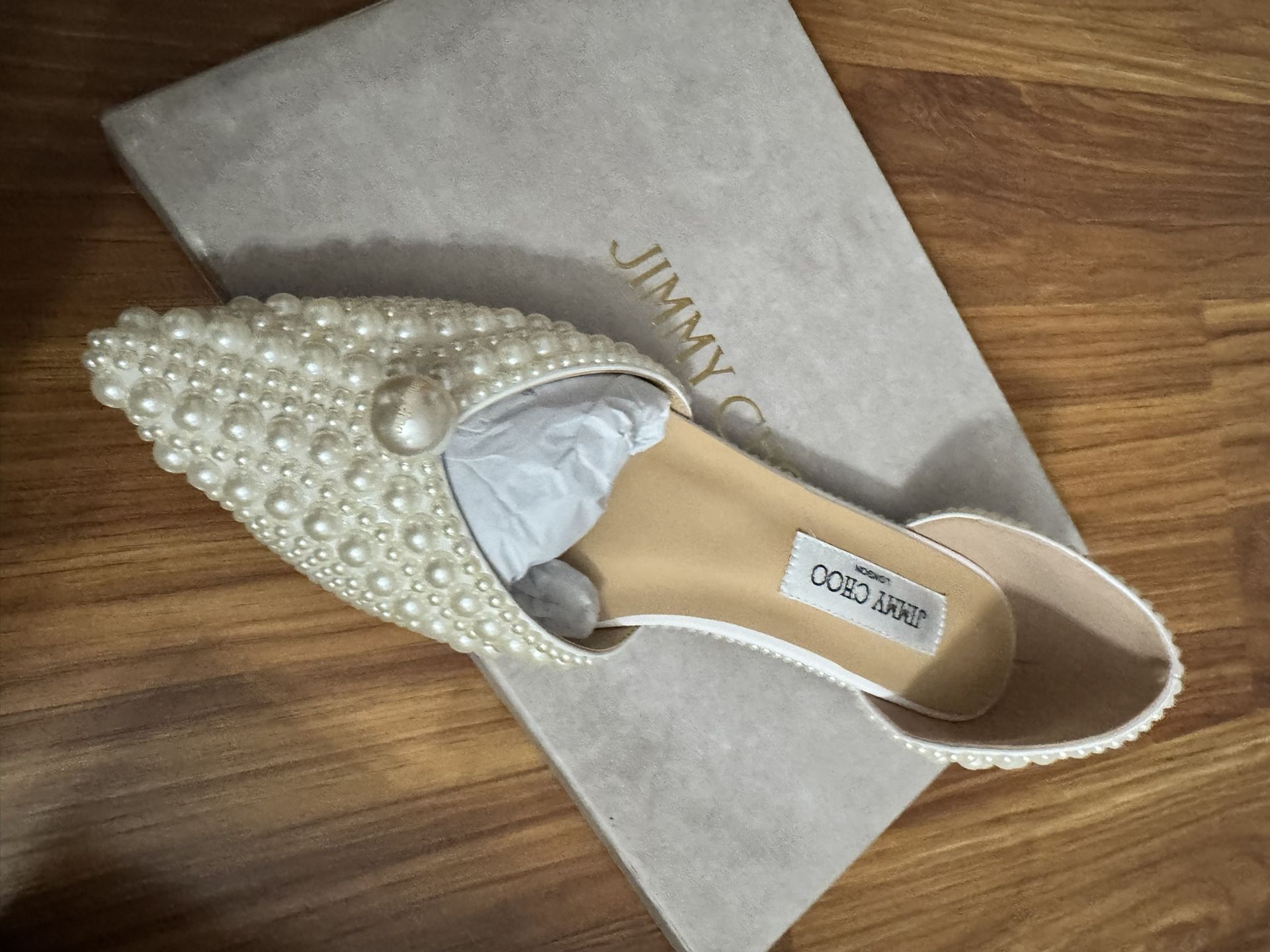 Jimmy Choo Sabine Flat White Satin Flats with All-Over Pearl Embellishment