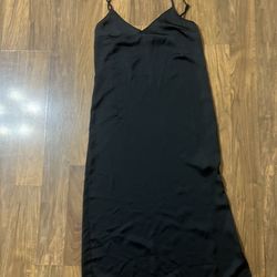 A New Day Satin Black Lace Trim Cami Slip Dress with Slit SMALL