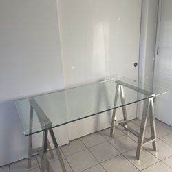 West Elm Tempered Glass Desk with Metal Sawhorse Bases 28x56”x30”