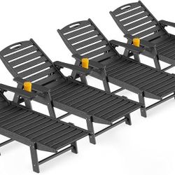 Outdoor Lounge Chair Set of 4, All Weather Patio Chaise Lounge Chair for Outside, HDPE Chair with Rolling Wheels & Cup Holder, 5 Position, Deck, Pool,