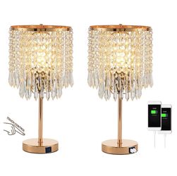 Crystal Table Lamps Set Of 2, Gold Lamps For Nightstand With 2 USB Charging Ports, 3-Way Touch Dimmable Crystal Lamp, Gold Bedside Lamp With Elegant S