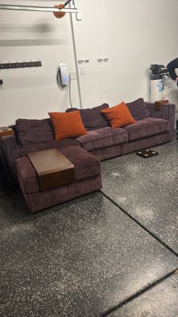 Purple Sectional Sofa with Wood Armrest Tray