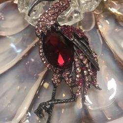 Stunning Flamingo In Silver Tone Encrusted With Pink And Wine Colored Rhinestones 