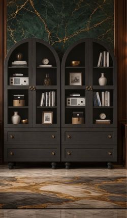Set of 2.  Arched Kitchen Pantry Cabinet, 71" Tall Wood Storage Cabinet with 2 Glass Doors, 4 Shelves and 2 Drawers, Food Cabinet for Kitchen, Living
