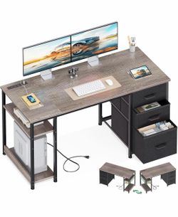 AODK 51 Inch Computer Desk with Drawers & USB Power Outlets Reversible Home Office Desk with Storage Shelves, Work from Home, Modern Work/Writing/Stud