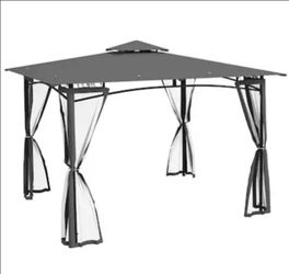 Outsunny 10ft x 12ft Patio Gazebo with Netting Double Roof Outdoor Gazebo Canopy Shelter Solid Metal Frame for Garden Lawn Backyard Deck Dark Gray,BRA