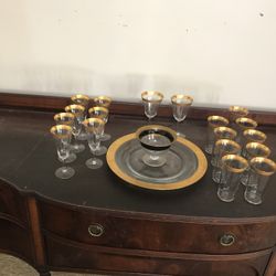 Sets of Leaded Crystal Glasses Rimmed In 14k Gold With Bowl And Serving Tray