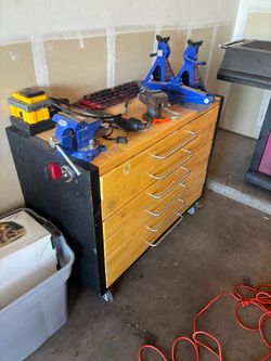 Rolling wooden top toolbox w/ name brand tools variety