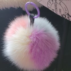 4-Color 8 1/2" Long Genuine Fur 6 1/2" Pom Pom Keychain  + 2 Genuine Fur Freebies 