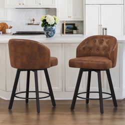 26"H Faux Leather Upholstered Swivel Counter Stool, Brown (Set of 2)