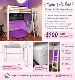 Twin Loft Bed White Metal Frame with Ladder